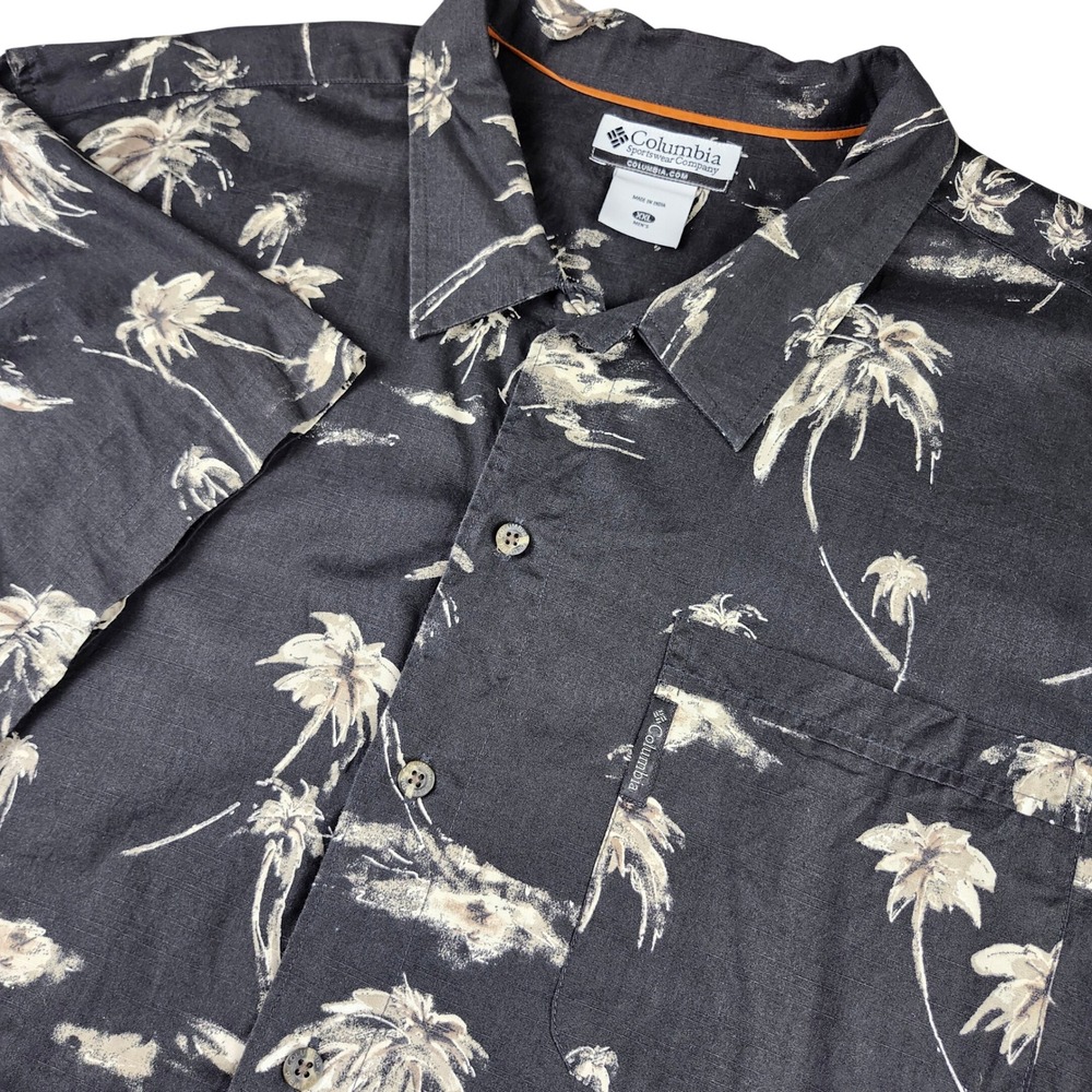 Columbia Button Up Shirt Mens XXL 2XL Black Palm Tree Hawaiian Tropical Vacation